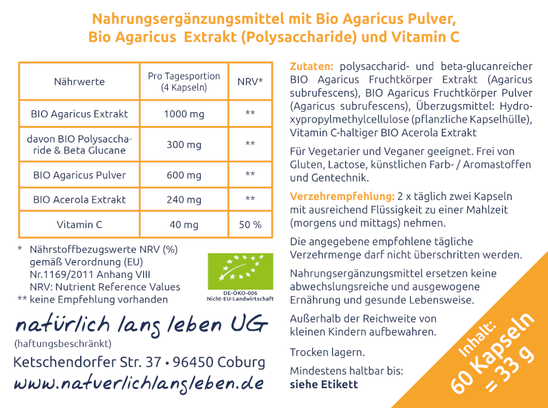 Nährwerte für BIO Agaricus Extrakt + Pulver Kapseln