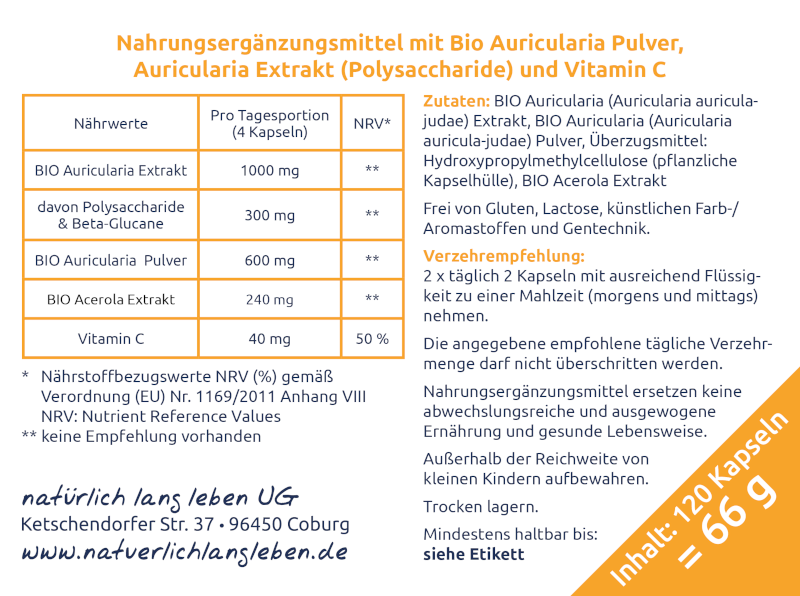 Nährwerte für Bio Auricularia Extrakt und Pulver